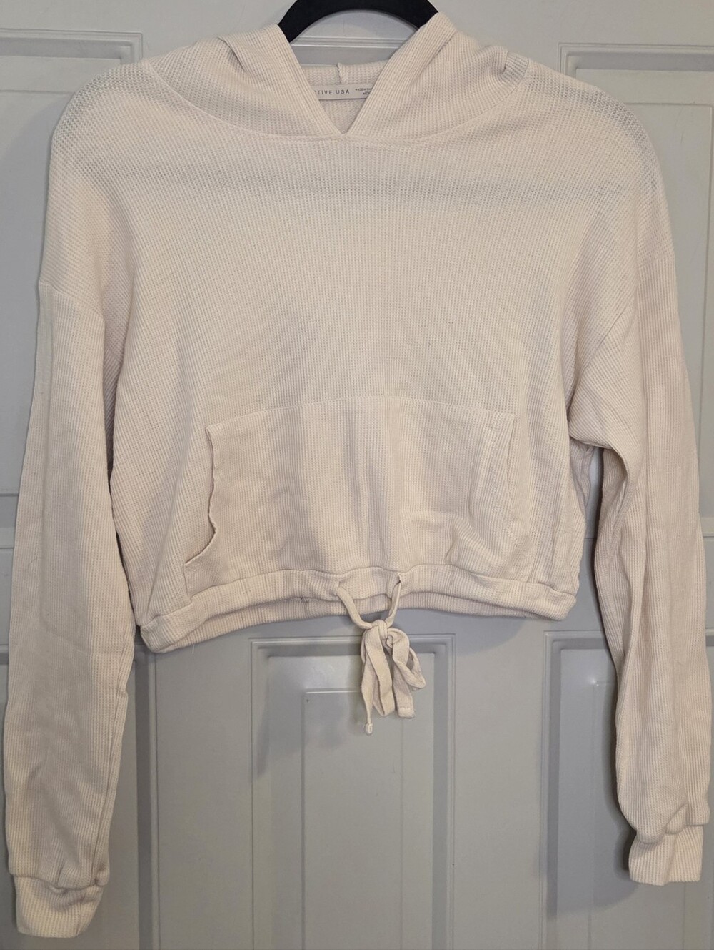 Active USA - Light Pinkish Cream Cropped Hooded Waffle-Knit Hoodie